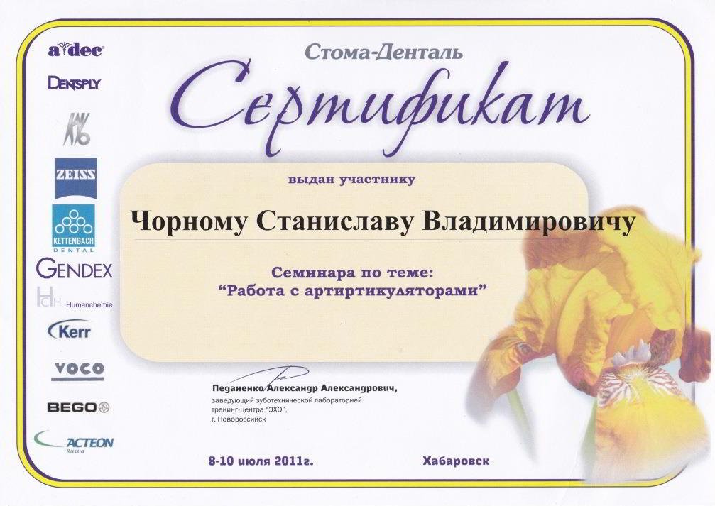 Чорный Станислав Владимирович - Сертификат Чорного Станислава Владимировича